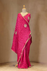 Pink Bandhani Chiniya Silk Banarasi Saree with Zardozi Mayur Motif