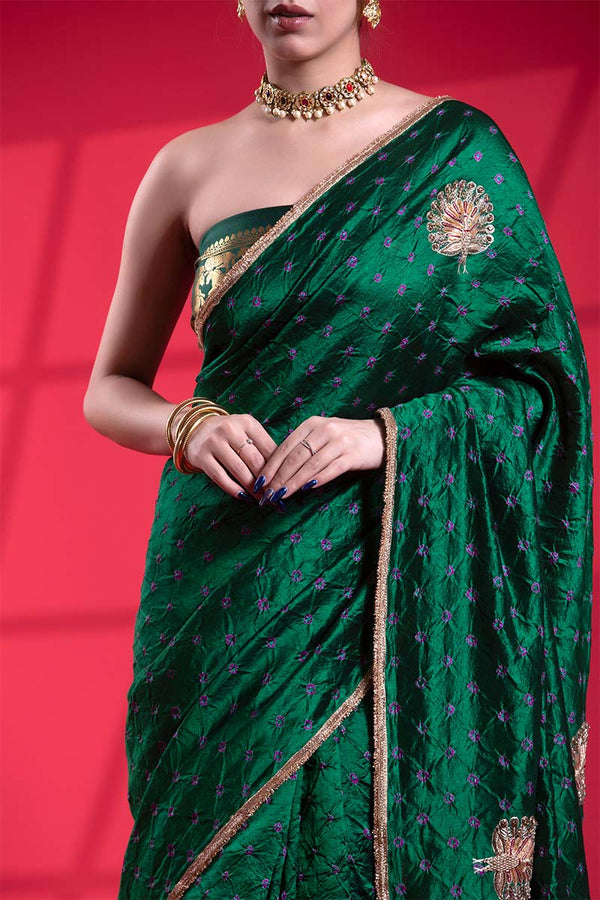 Bottle Green Dupion Silk Saree with Mayur Motifs