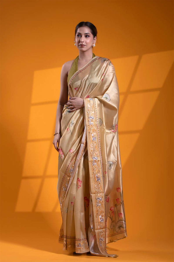 chiniya silk saree, yellow saree, silk saree, party wear saree, designer saree, banarasi saree, festive wear saree, wedding saree