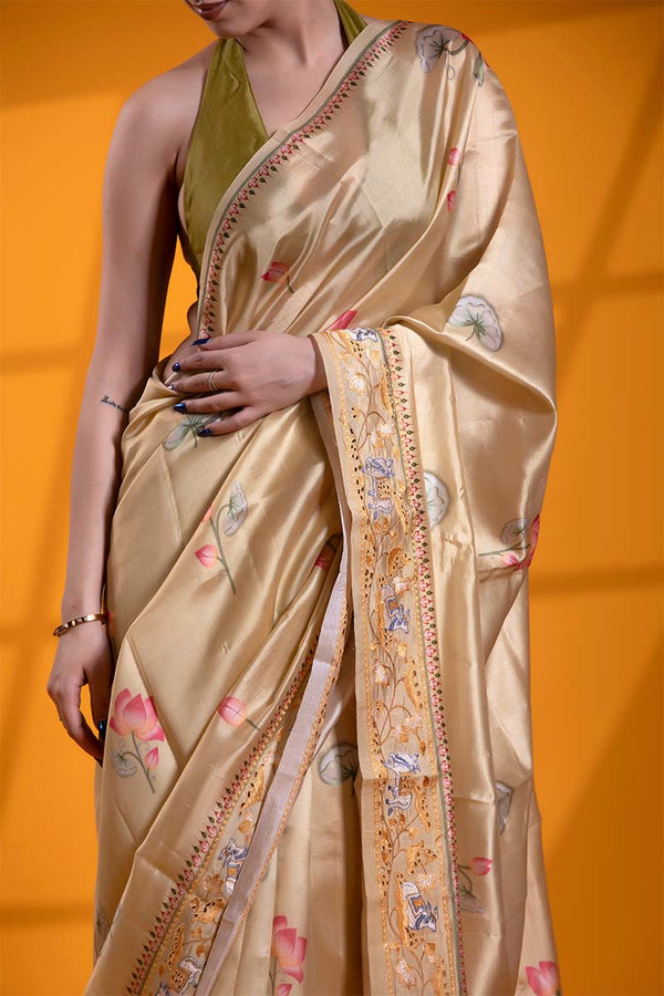 Light Yellow Dupion Silk Banarasi Saree with Pichwai Print