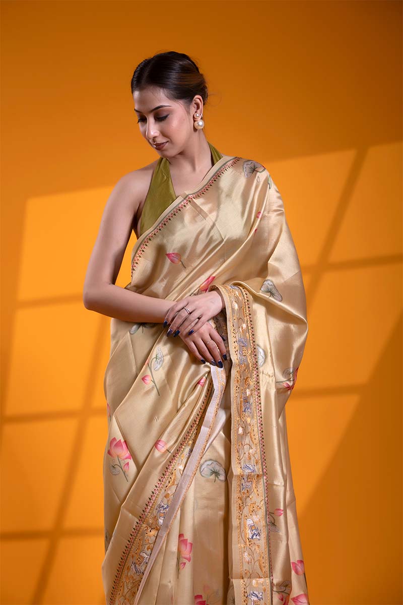 Light Yellow Dupion Silk Banarasi Saree with Digital Pichwai Prints