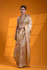 Light Yellow Dupion Silk Banarasi Saree with Digital Pichwai Prints