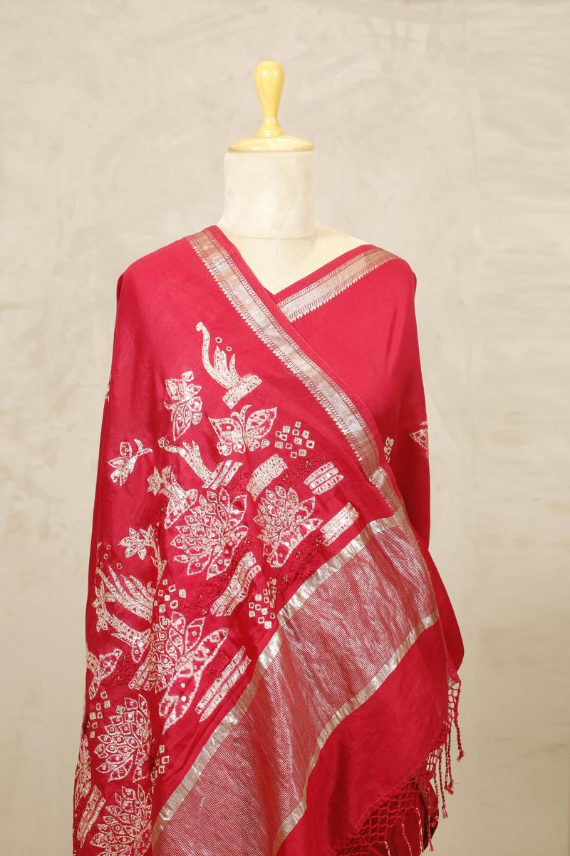 Red Banarasi Chiniya Silk Saree with Bandhani Print And  Aari Work