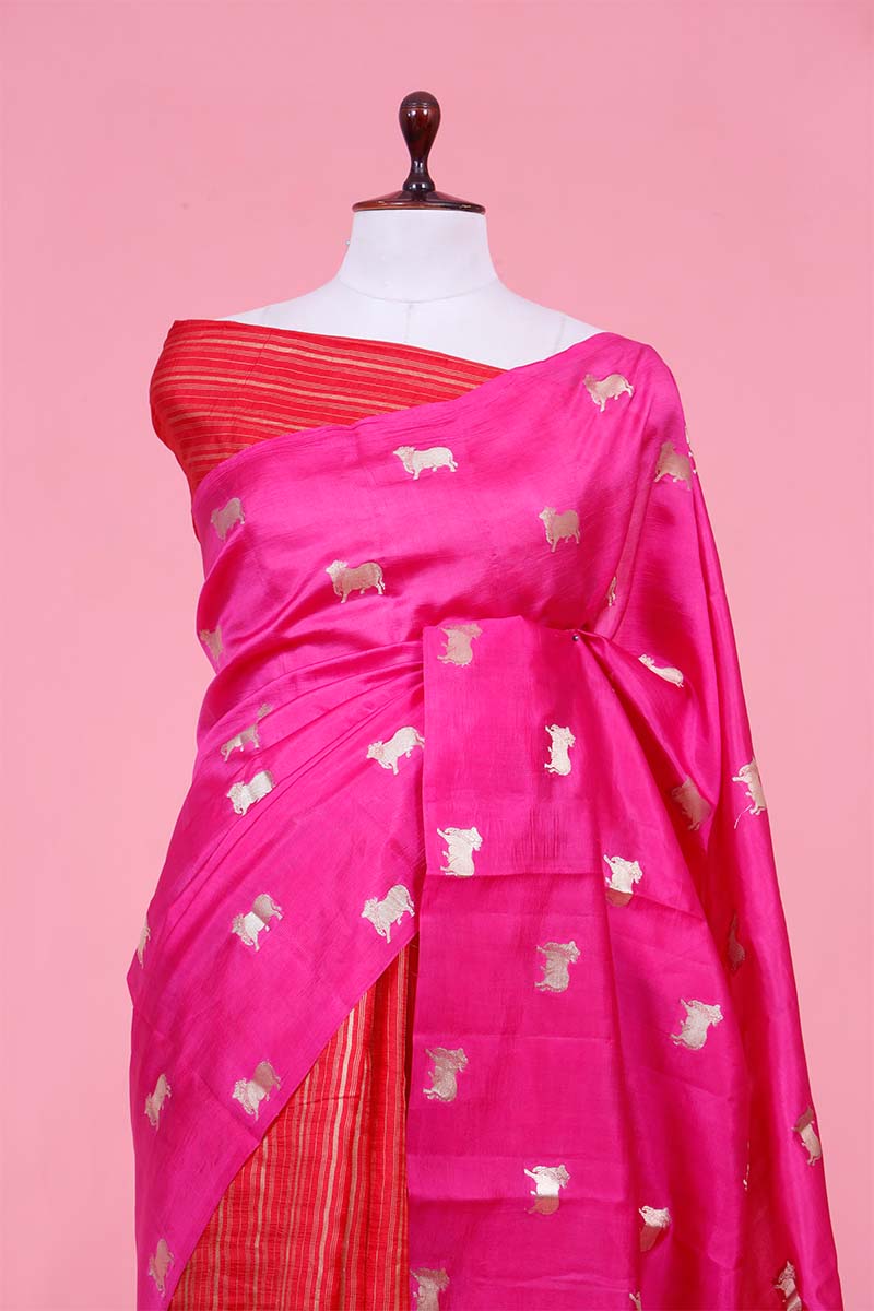 Magenta Pink Dupion Banarasi Saree with Zari Pichwai Motifs