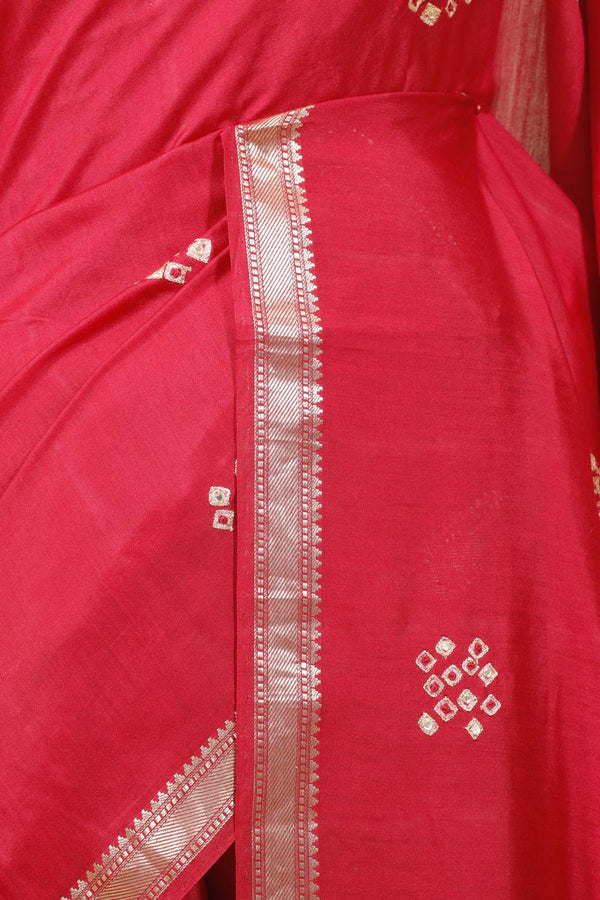 Red Banarasi Chiniya Silk Saree with Bandhani Print And  Aari Work