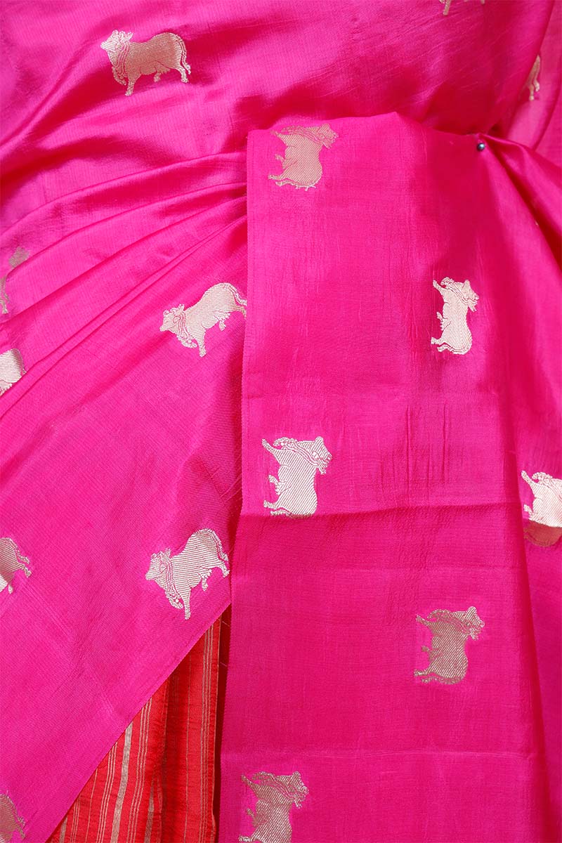 Magenta Pink Dupion Banarasi Saree with Zari Pichwai Motifs