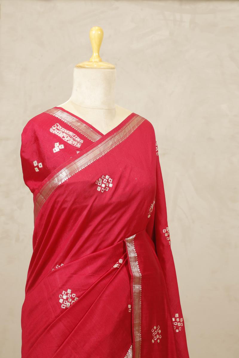 Red Banarasi Chiniya Silk Saree with Bandhani Print And  Aari Work