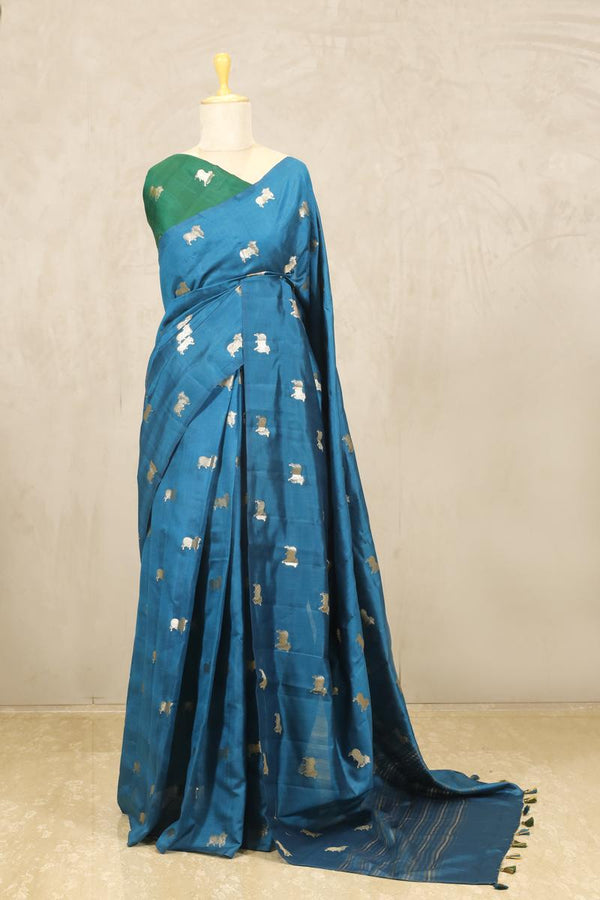 chiniya silk saree, blue saree, banarasi saree, festive wear saree, wedding saree