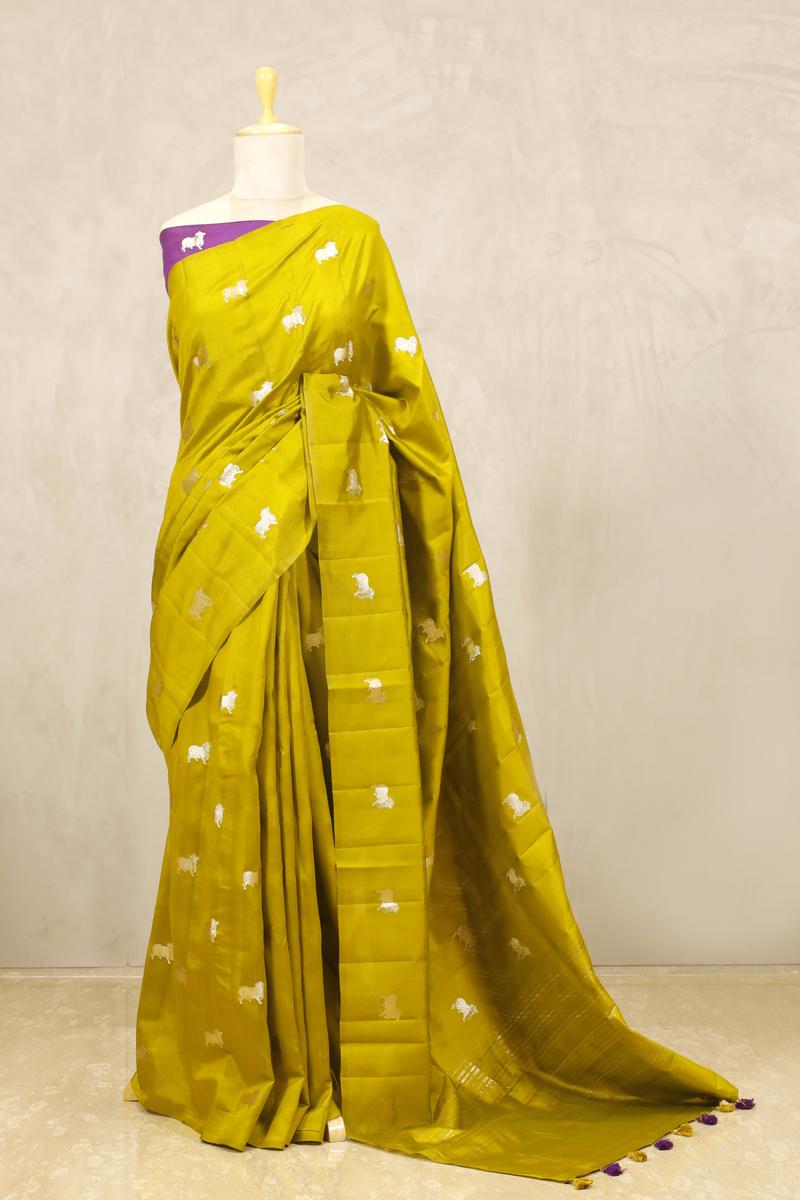 chiniya silk saree, lime green saree, banarasi saree, festive wear saree, wedding saree