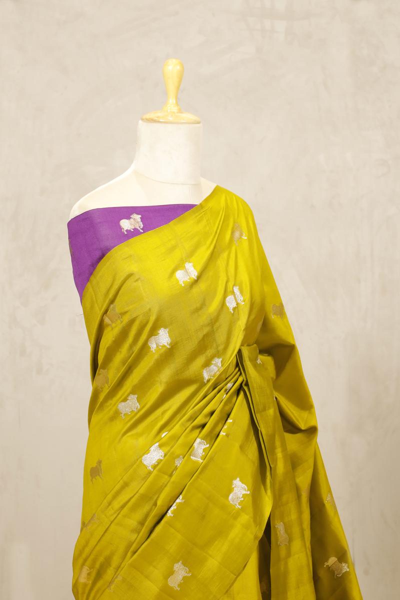 Lime Green Banarasi Chiniya Silk Saree with Aghanya Motifs