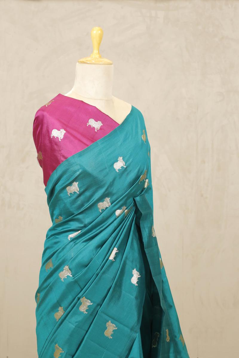 Sapphire Green Banarasi Chiniya Silk Saree with Aghanya Motifs