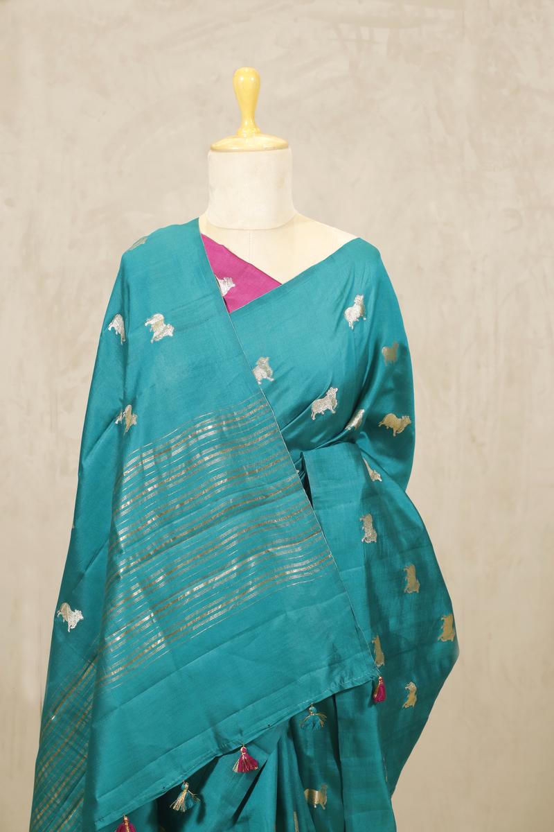 Sapphire Green Banarasi Chiniya Silk Saree with Aghanya Motifs