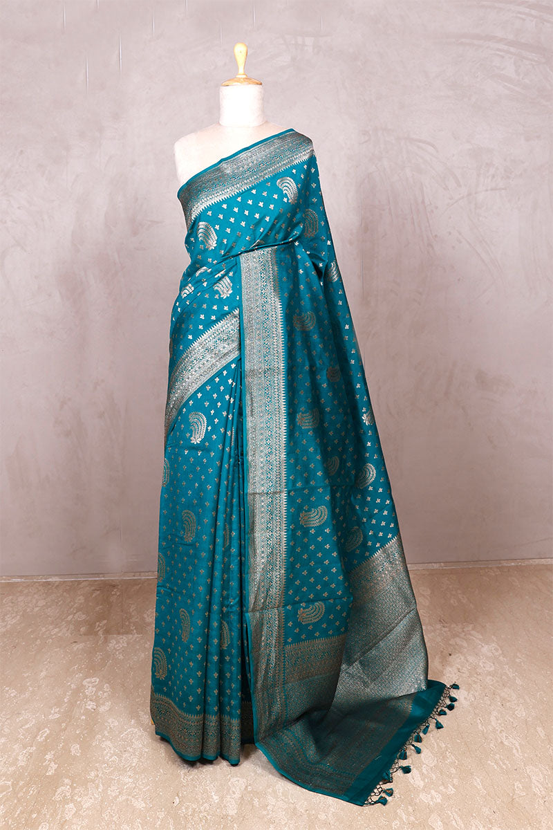 chiniya silk saree, Teal blue saree, banarasi saree, festive wear saree, wedding saree