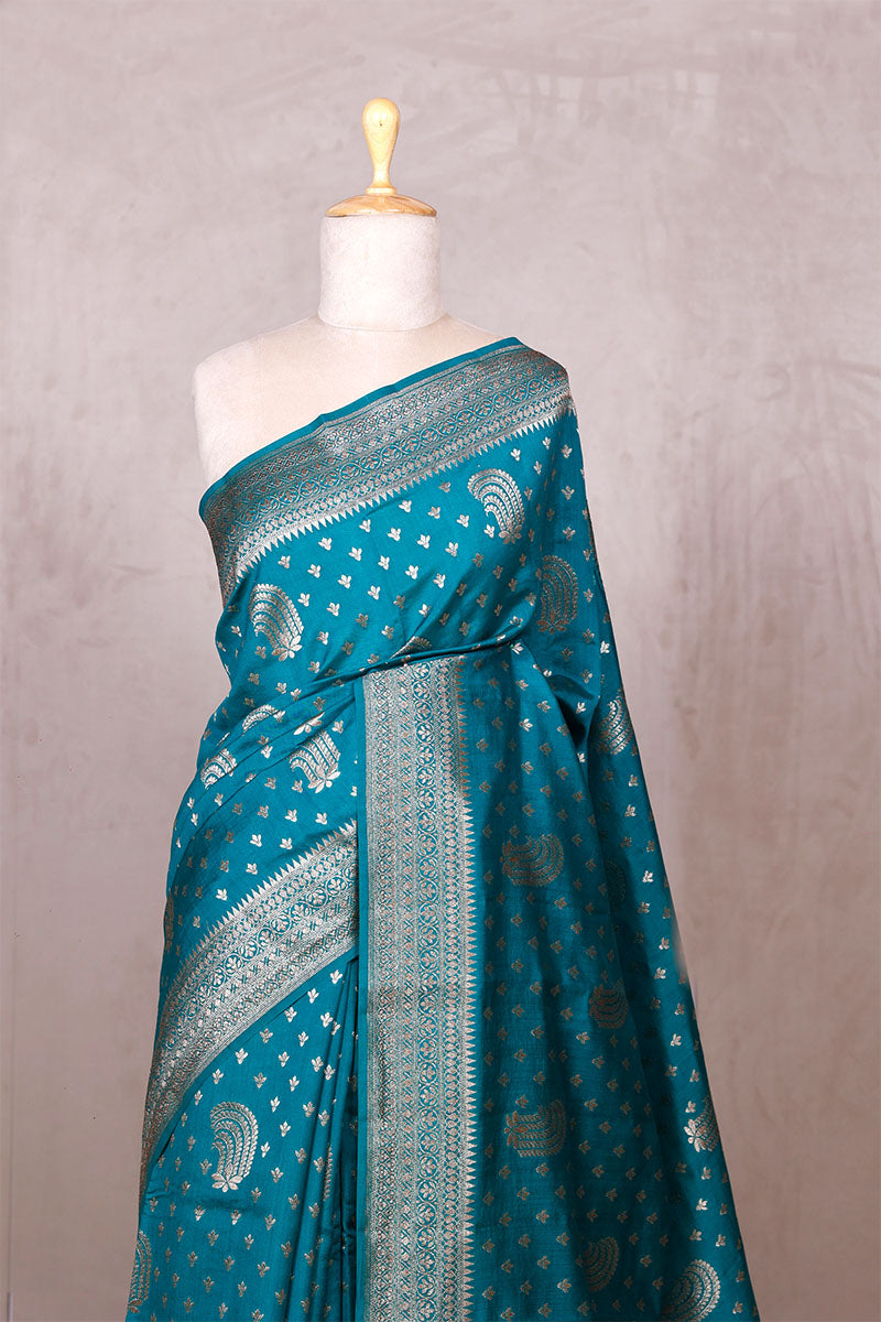 Teal Blue Banarasi Chiniya Silk Saree with Antique Zari Work