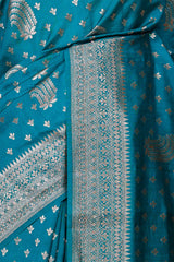 Teal Blue Banarasi Chiniya Silk Saree with Antique Zari Work