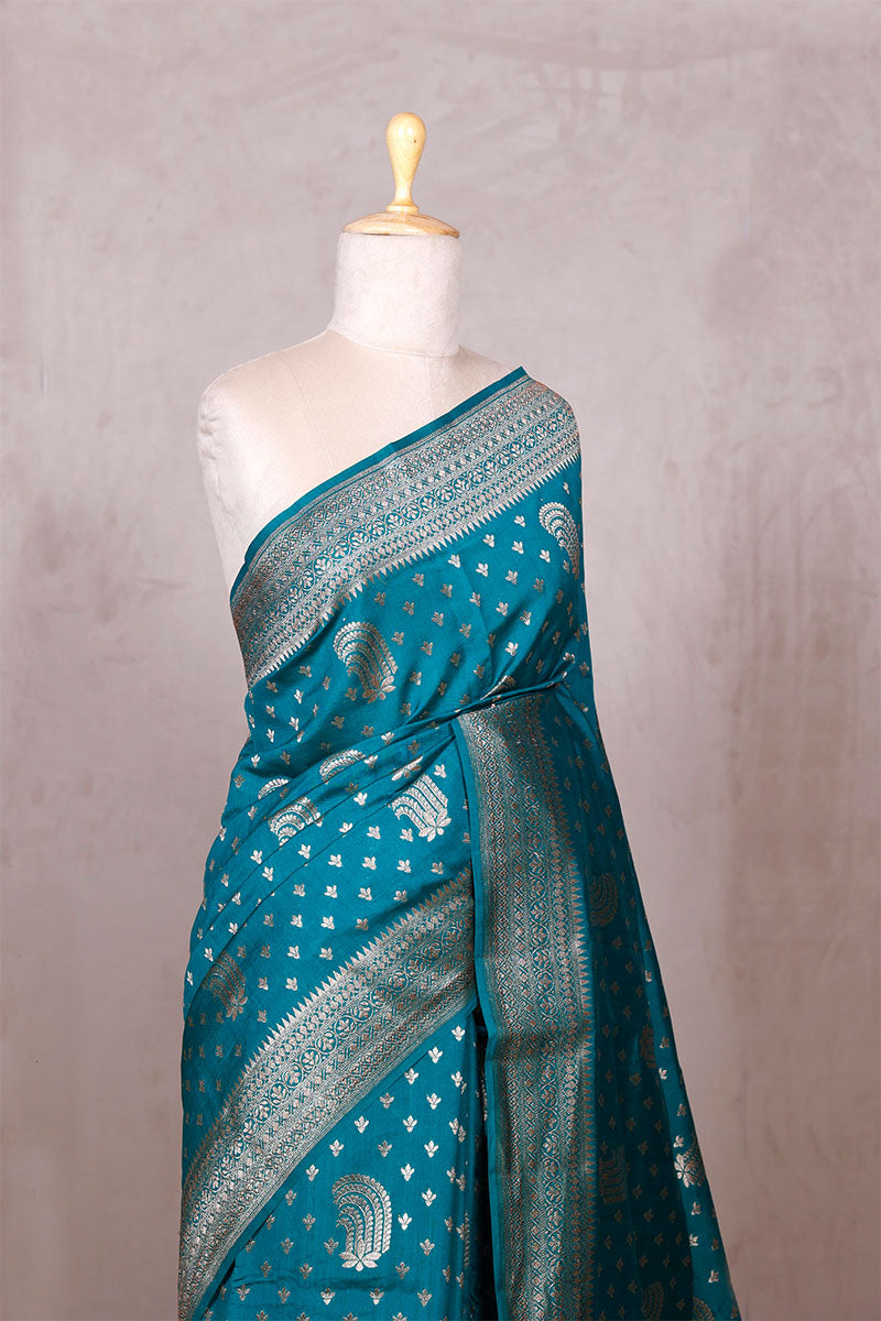 Teal Blue Banarasi Chiniya Silk Saree with Antique Zari Work