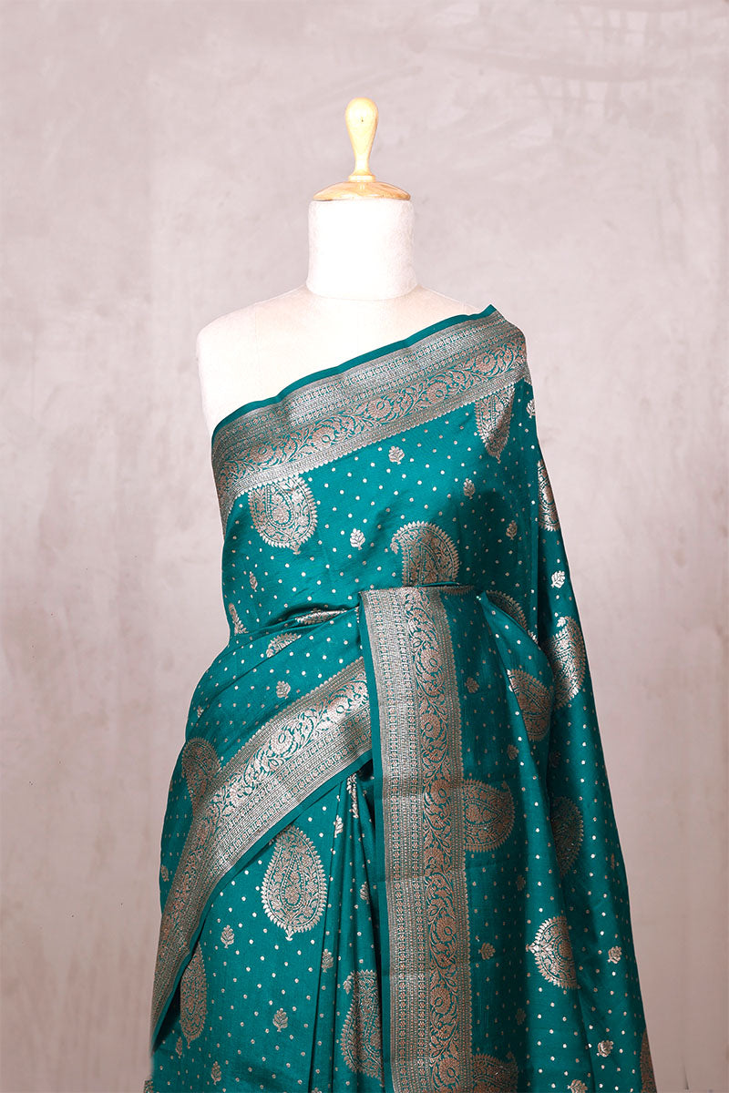 Rama Green Banarasi Chiniya Silk Saree with Gold Zari Work