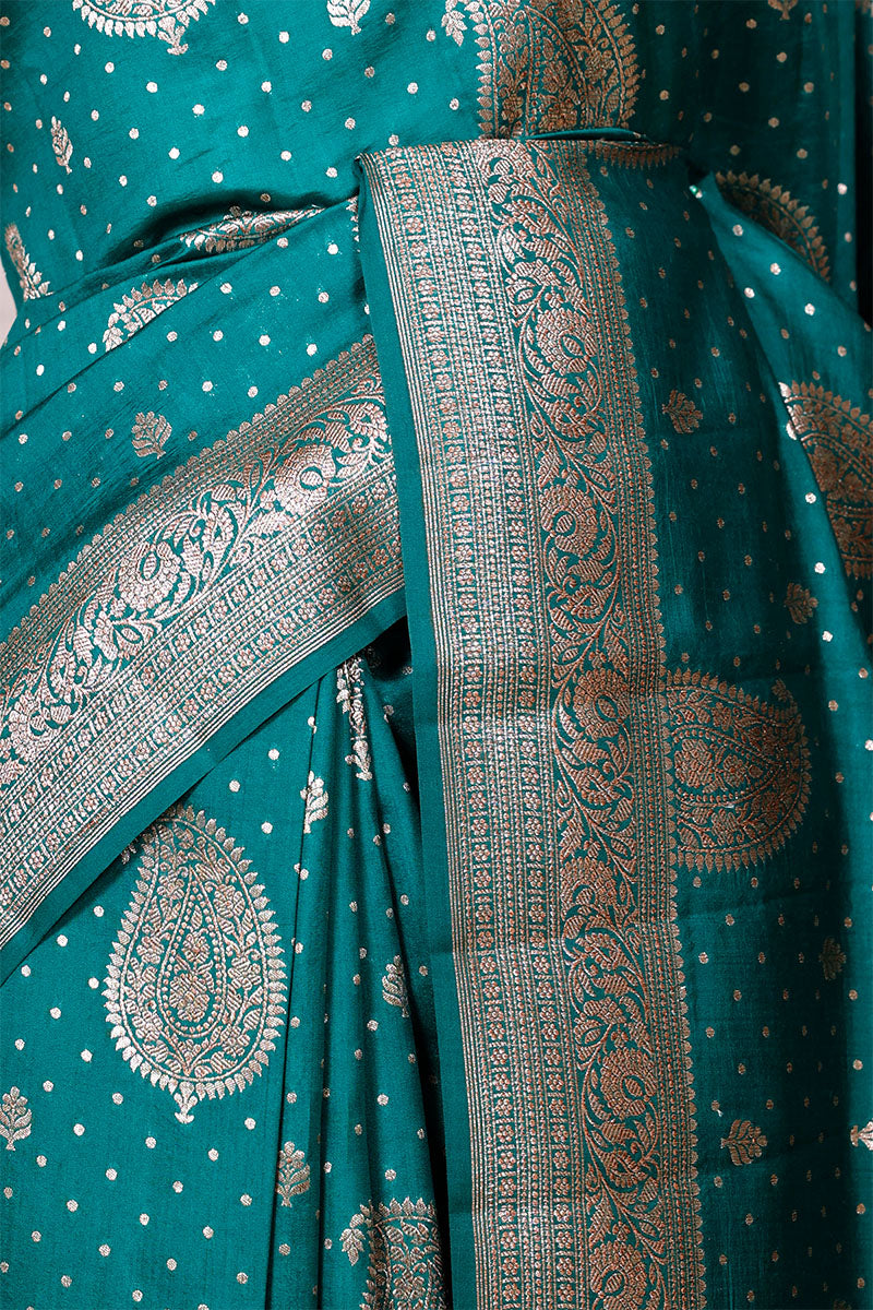 Rama Green Banarasi Chiniya Silk Saree with Gold Zari Work