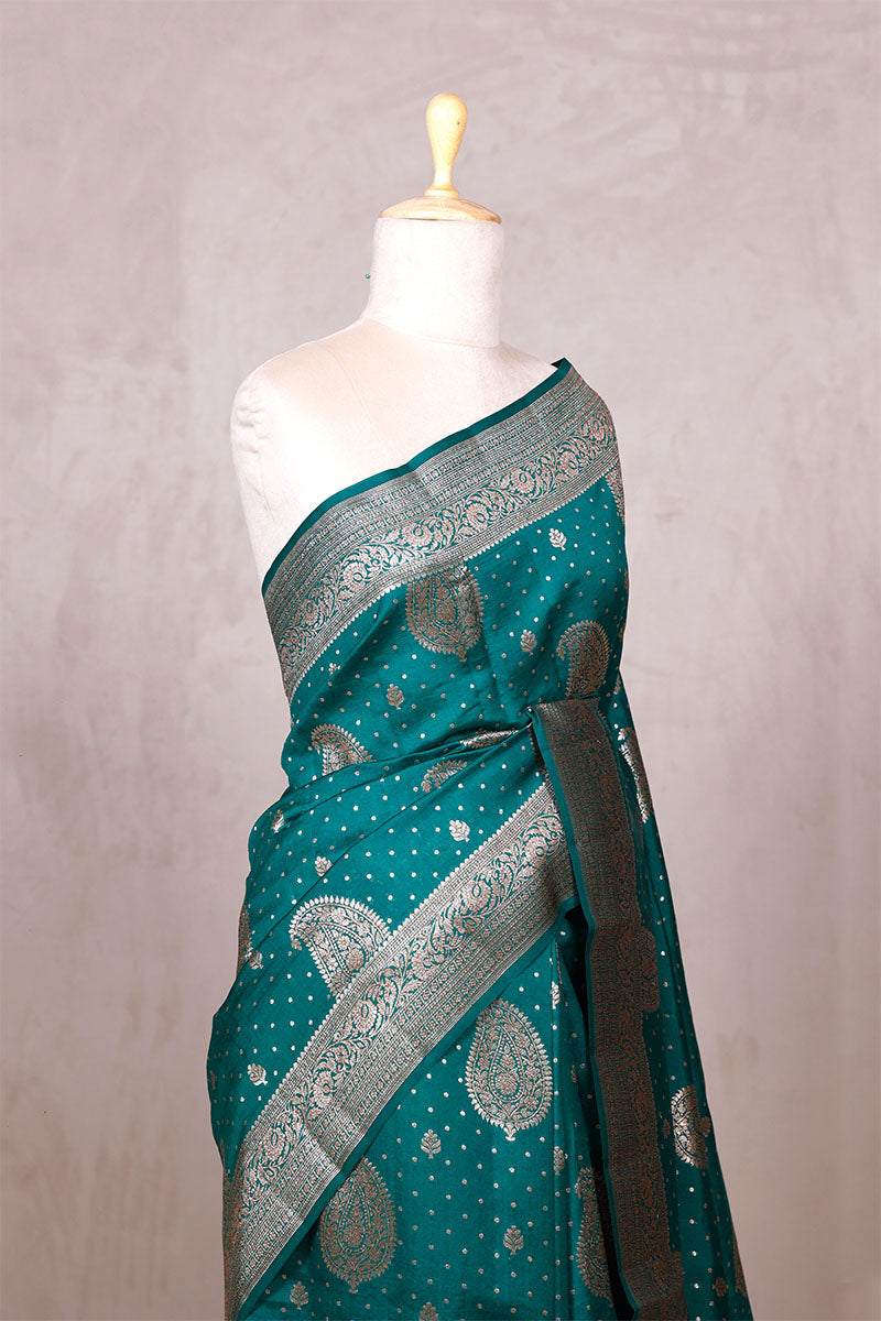 Rama Green Banarasi Chiniya Silk Saree with Gold Zari Work