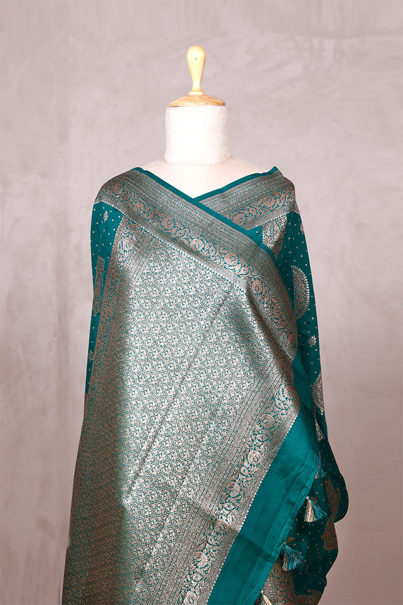 Rama Green Banarasi Chiniya Silk Saree with Gold Zari Work