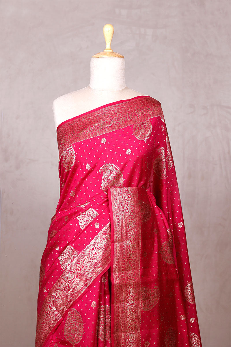 Crimson Pink Banarasi Chiniya Silk Saree with Gold Zari Work