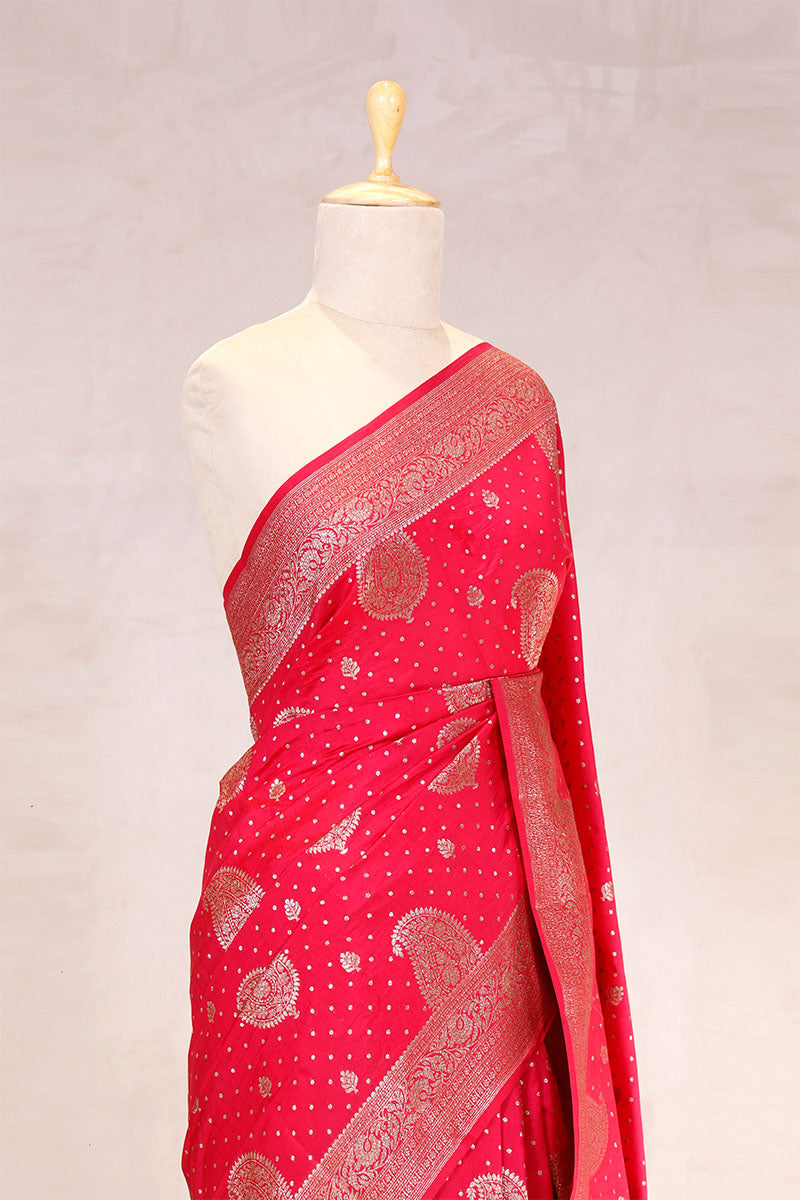 Brick Red Banarasi Chiniya Silk Saree with Gold Zari Work