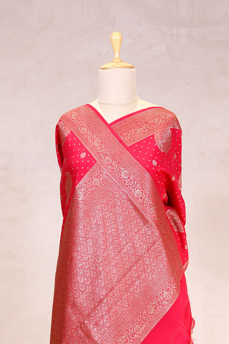 Brick Red Banarasi Chiniya Silk Saree with Gold Zari Work