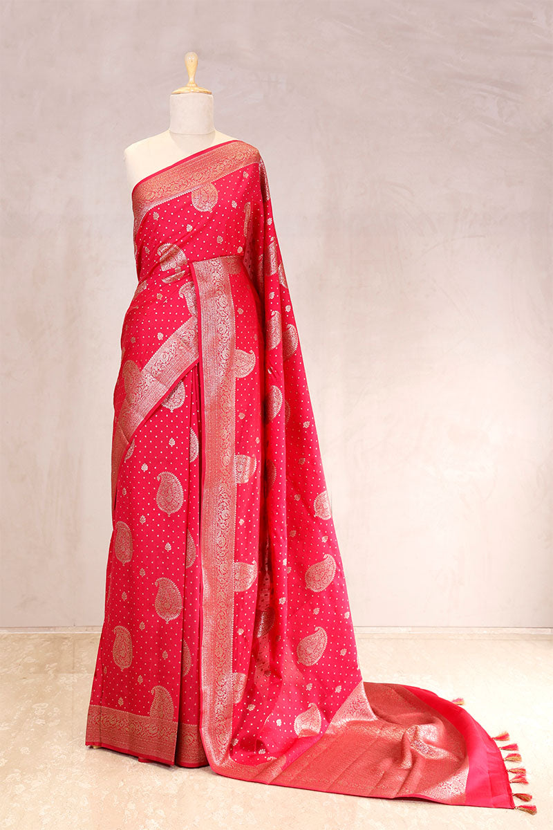 chiniya silk saree, rust red saree, banarasi saree, festive wear saree, wedding saree