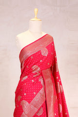 Brick Red Banarasi Chiniya Silk Saree with Gold Zari Work