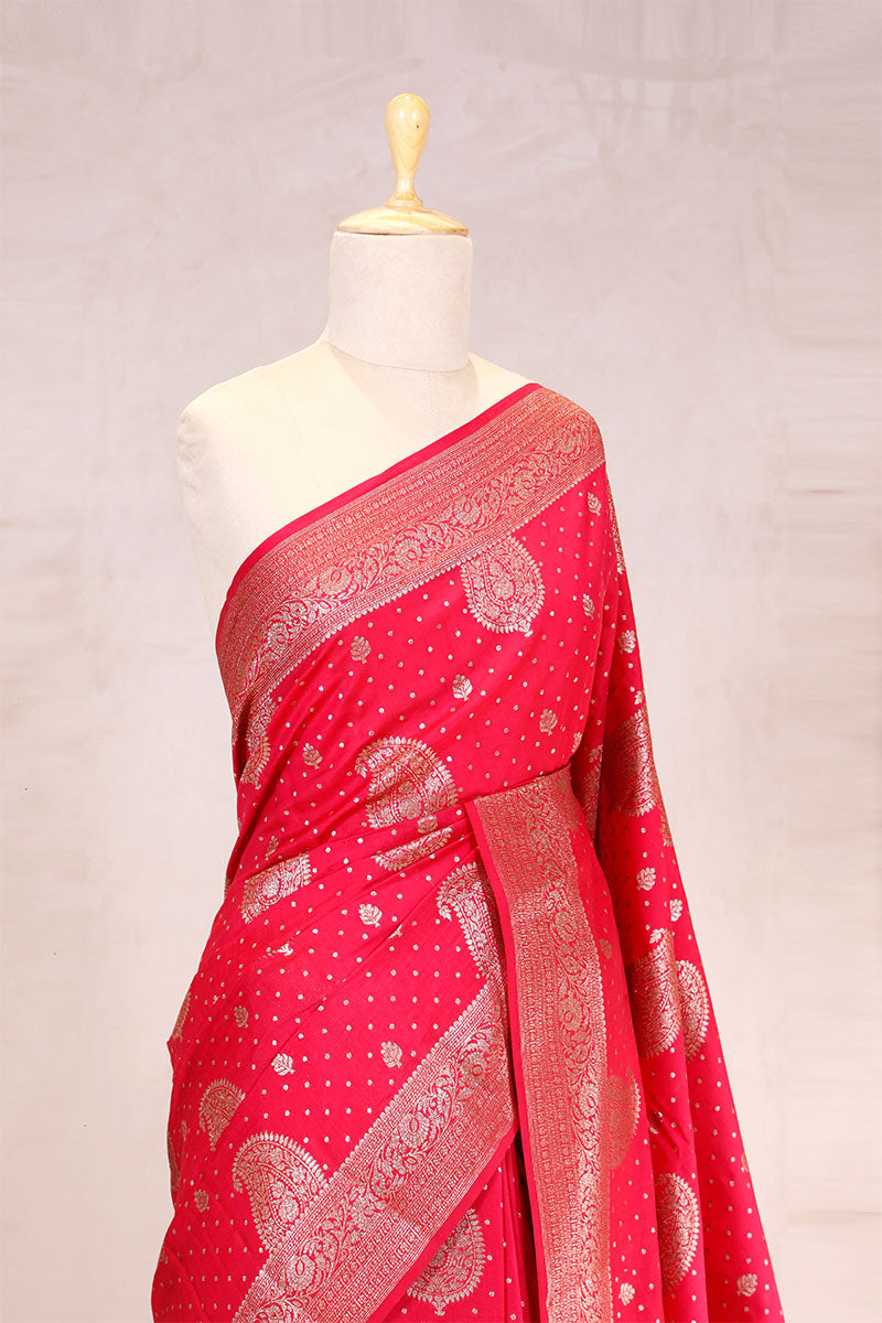 Brick Red Banarasi Chiniya Silk Saree with Gold Zari Work