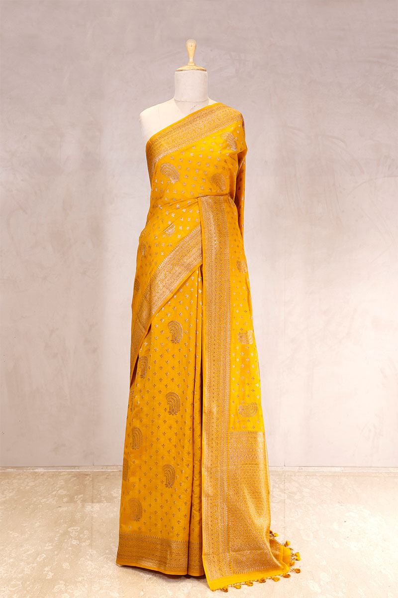 chiniya silk saree, mustard saree, banarasi saree, festive wear saree, wedding saree