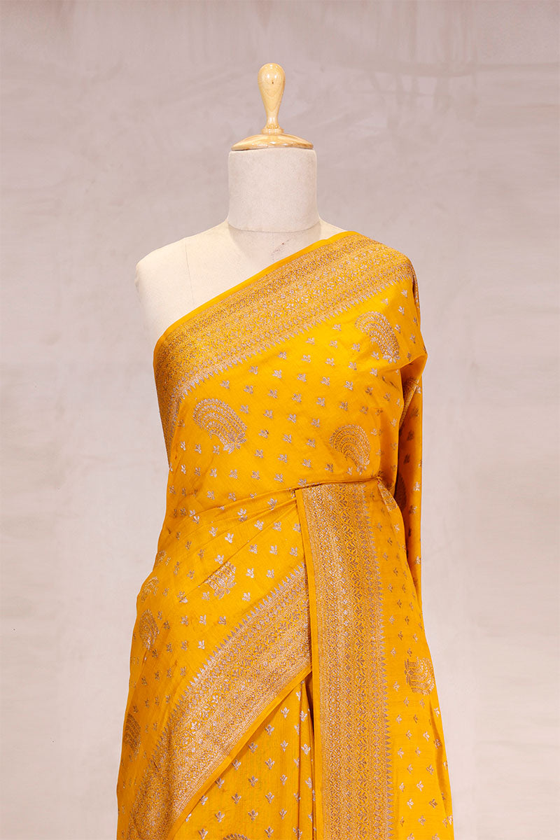 Mustard Yellow Banarasi Chiniya Silk Saree with Antique Zari Work