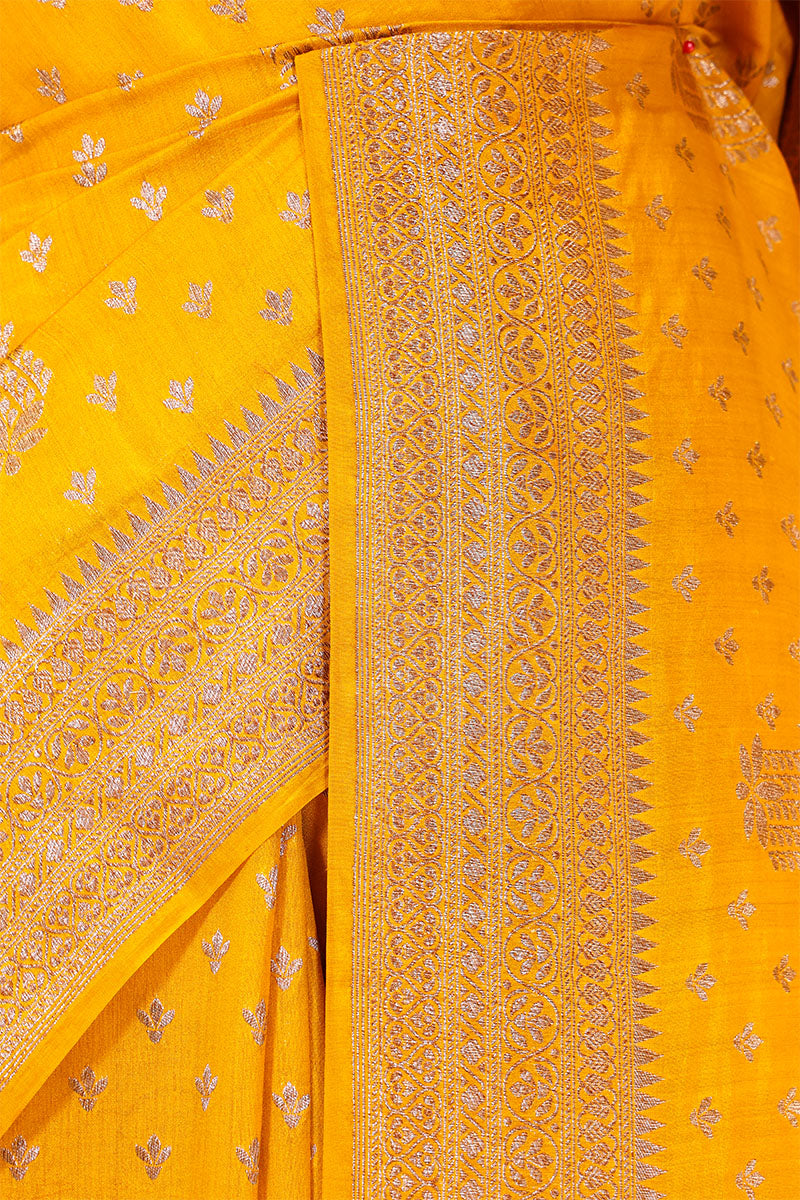 Mustard Yellow Banarasi Chiniya Silk Saree with Antique Zari Work