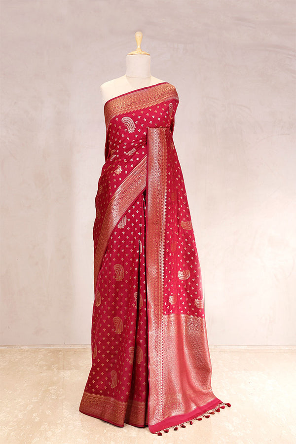 chiniya silk saree, rust red  saree, banarasi saree, festive wear saree, wedding saree