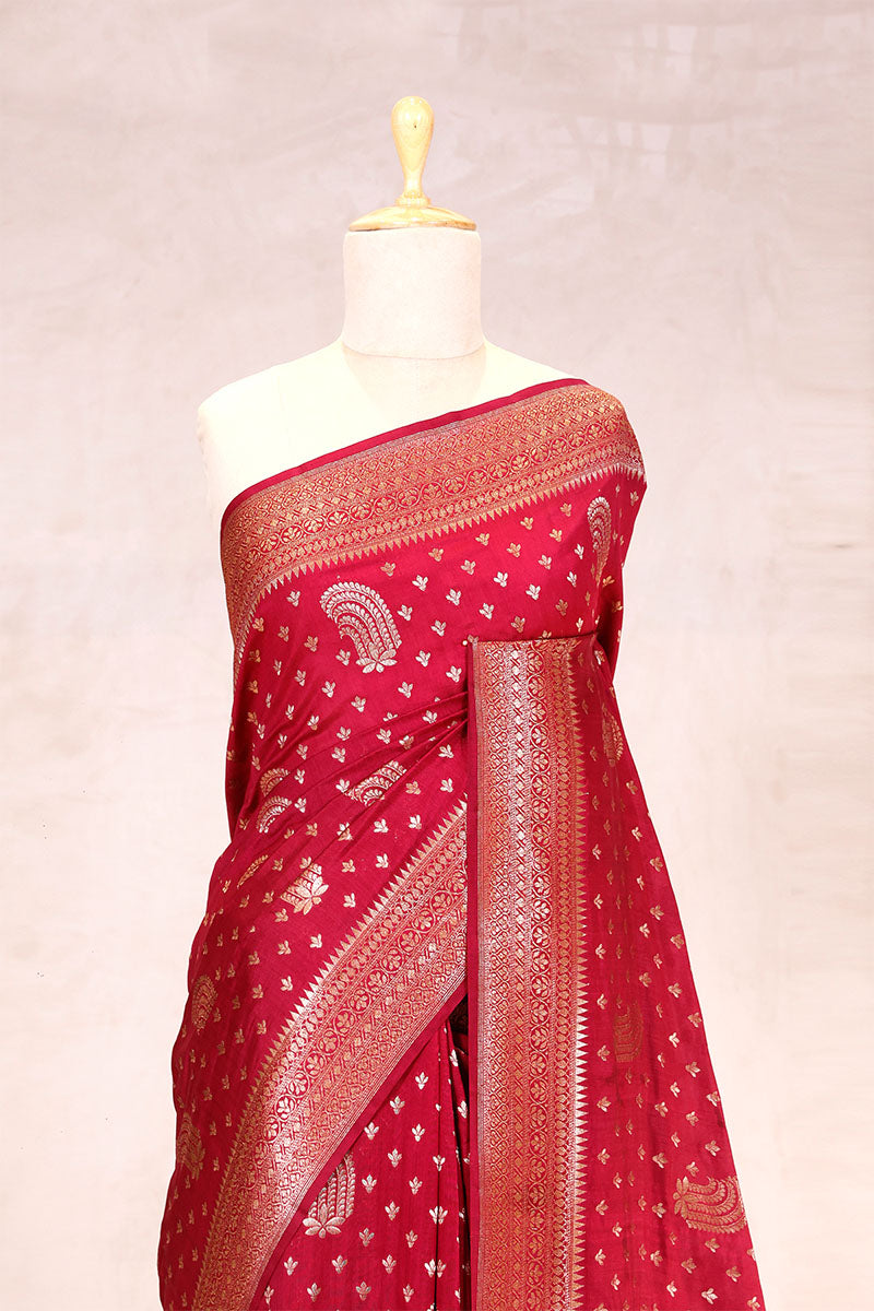 Rust Red Banarasi Chiniya Silk Saree with Antique Zari Work