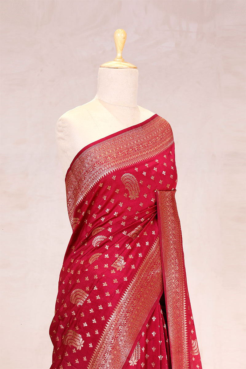 Rust Red Banarasi Chiniya Silk Saree with Antique Zari Work