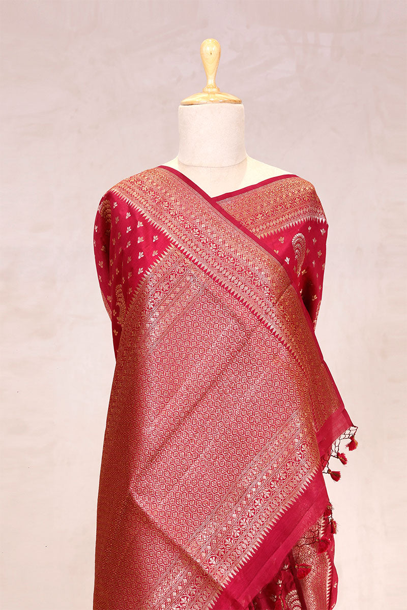 Rust Red Banarasi Chiniya Silk Saree with Antique Zari Work