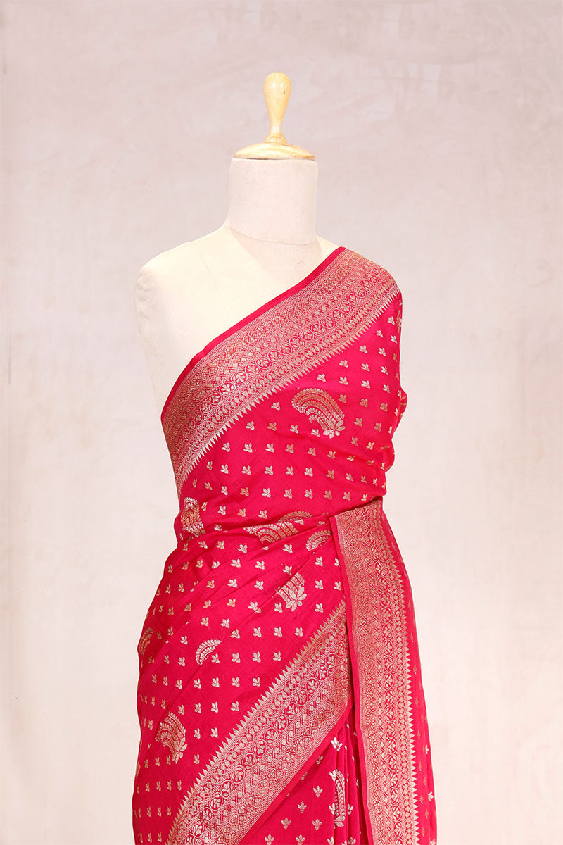 Scarlet Red Banarasi Chiniya Silk Saree with Antique Zari Work