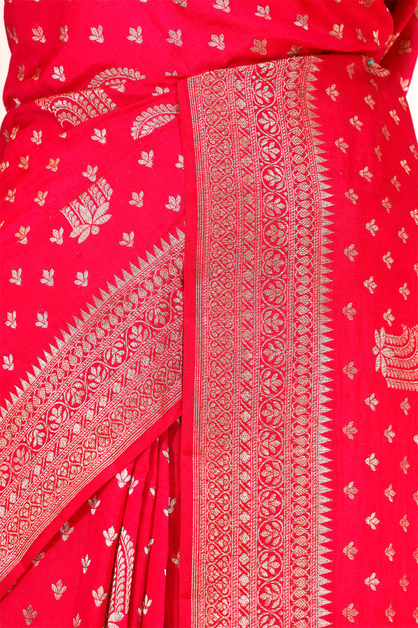 Scarlet Red Banarasi Chiniya Silk Saree with Antique Zari Work