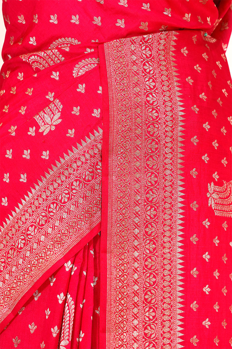 Scarlet Red Banarasi Chiniya Silk Saree with Antique Zari Work