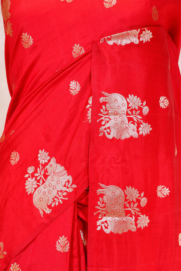 Red Banarasi Chiniya Silk Saree with Pichwai Border