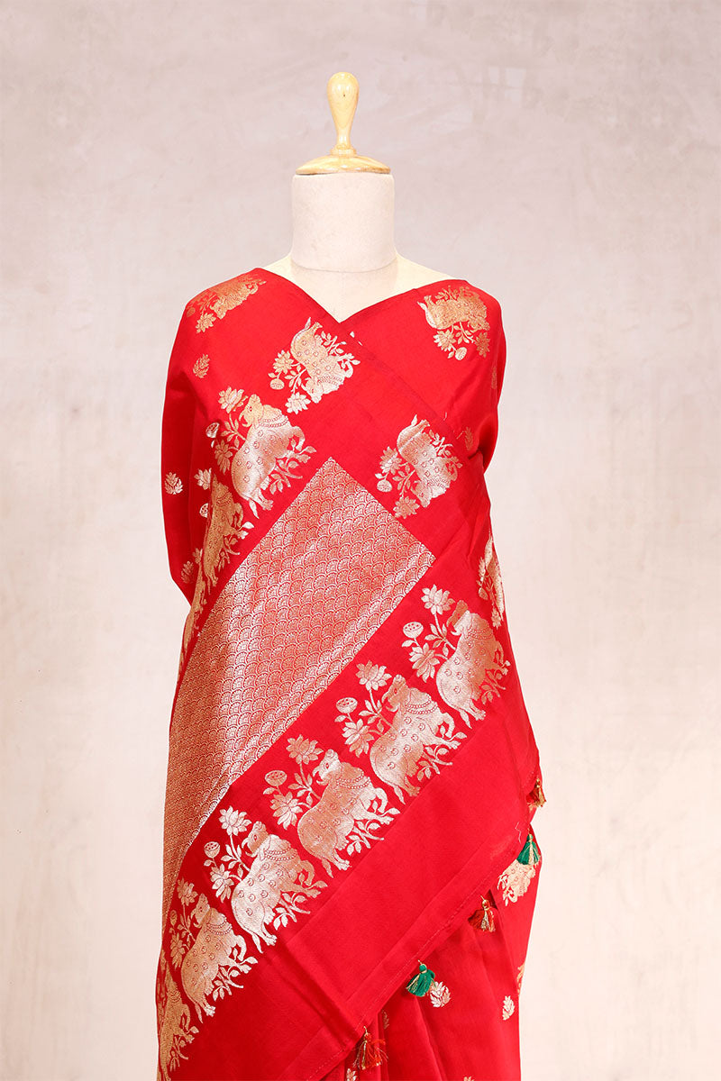 Red Banarasi Chiniya Silk Saree with Pichwai Border