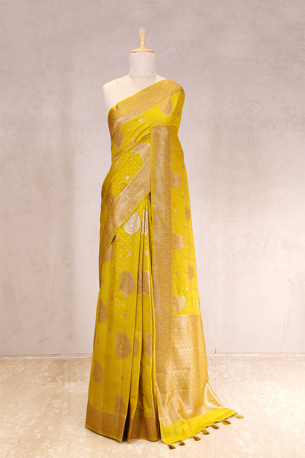 chiniya silk saree, yellow  saree, banarasi saree, festive wear saree, wedding saree