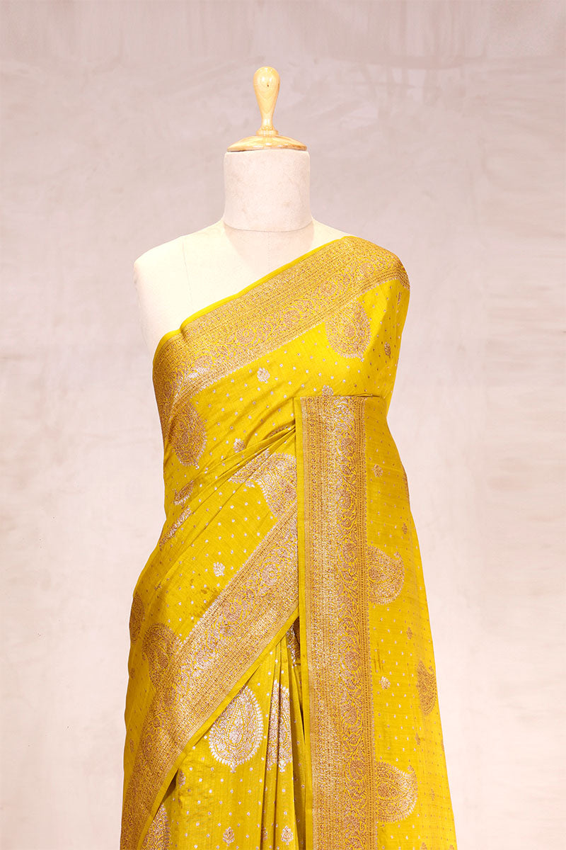 Yellow Banarasi Chiniya Silk Saree with Gold Zari Work