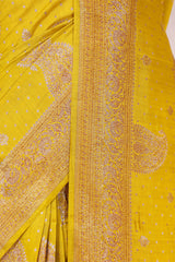 Yellow Banarasi Chiniya Silk Saree with Gold Zari Work