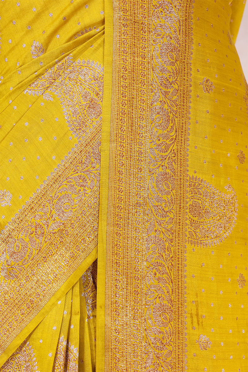 Yellow Banarasi Chiniya Silk Saree with Gold Zari Work