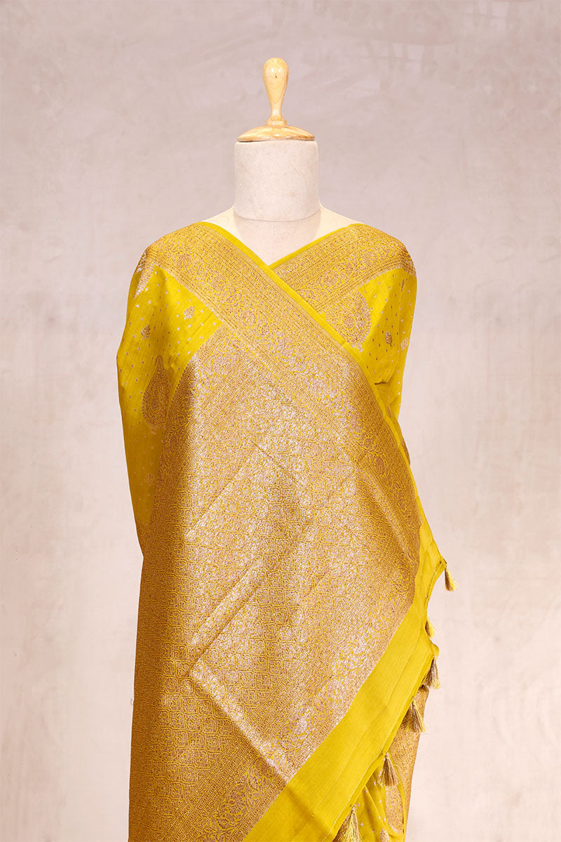 Yellow Banarasi Chiniya Silk Saree with Gold Zari Work