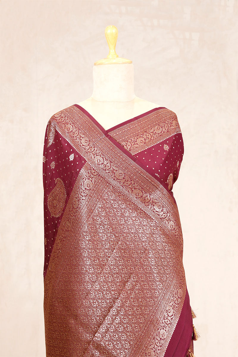 Brown Banarasi Chiniya Silk Saree with Gold Zari Work