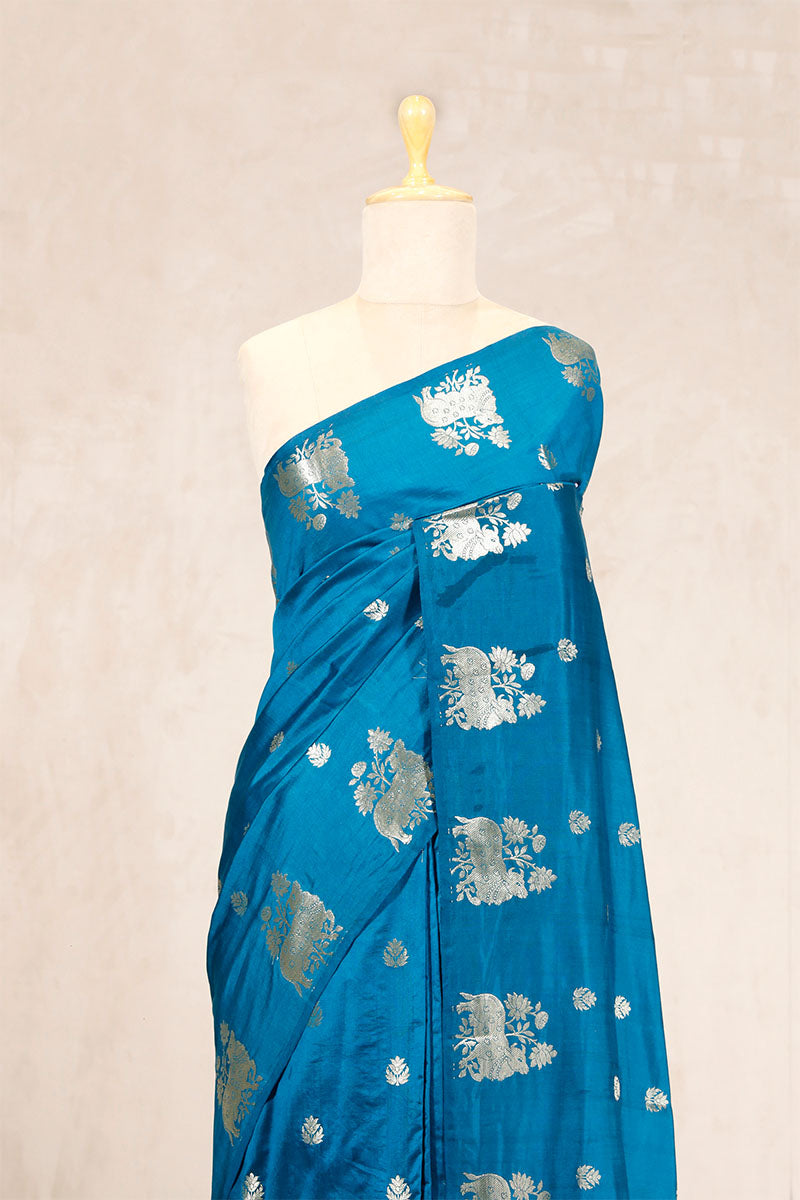 Blue Banarasi Chiniya Silk Saree with Pichwai Border