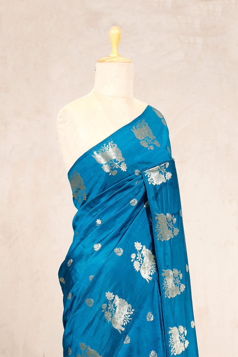 Blue Banarasi Chiniya Silk Saree with Pichwai Border